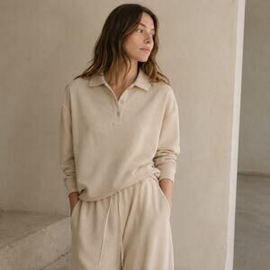 Mango MNG Piqué Polo Sweatshirt Womens M Beige Collar Top Long Sleeve Relaxed